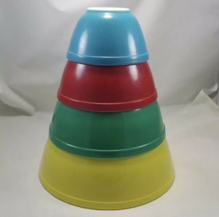 Vtg Set Of Pyrex Nesting Mixing Bowls Primary Colors Blue Red Green Yellow Euc