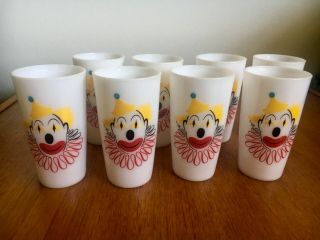 Set Of 8 Vintage Hazel Atlas Milk Glass Clown Glassware