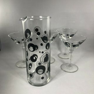 Vintage Mcm Martini Set Pitcher And Glasses Black Bubbles Cocktails Barware