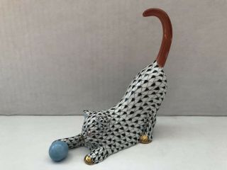 Herend Hungary Black Fishnet Cat With Ball 15309
