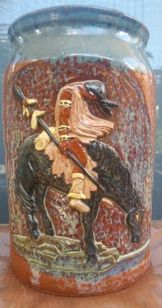 Jerry Yarbrough Yardbird iL Ga Indian on Horse Pottery Jug Vase Folk Art Pottery 2