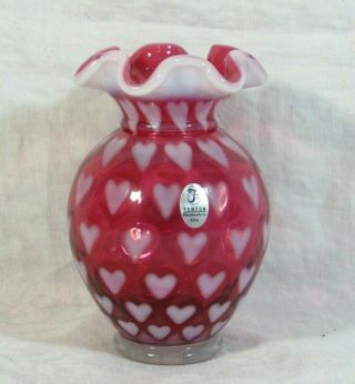 Fenton Art Glass 2159 Cr Cranberry Opalescent " Heart Optic " Vase 306 Made