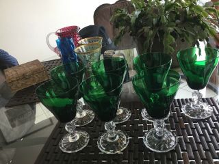 7 Elegant Glass Fostoria Colonial Dame Green Water Tea Goblet Glasses Stem
