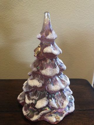 Vintage Fenton Christmas Tree Pink/purple Iridescent Flocked With Gold Bird 6.  5”