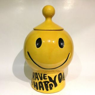Vintage Mccoy Pottery Yellow Smiley Face " Have A Happy Day " Cookie Jar 235