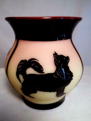 Gibson Burmese Glass Cameo Sand Carved Pomeranian Dog Vase Perhaps One Of A Kind