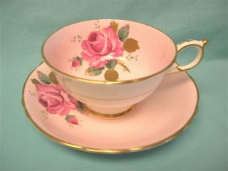 Paragon Deep Pink Cabbage Rose With Gold Leaves On Pink Tea Cup And Saucer