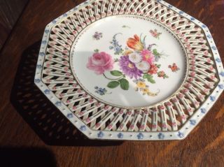 Antique Gorgeous German Dresden Porcelain Floral Compote Plate 8 1/2 "