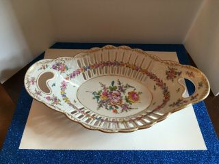 Vintage Dresden China Bowl Reticulated W/ Hand Painted Flowers Germany
