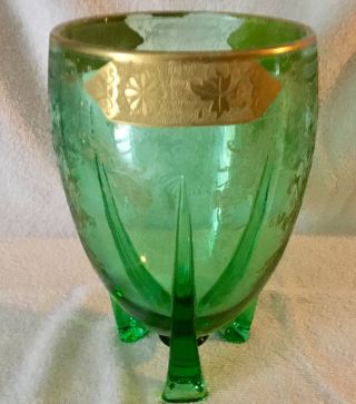 Large Paden City Three Footed Green Glass With Gold Encrusted Embellishments