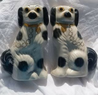 Antique Gilt Matching Paired Set Of Staffordshire Spaniel Dog Figures Mantle Set