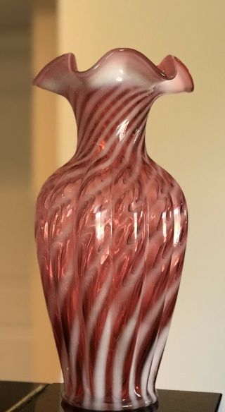 Vintage Fenton Art Glass Cranberry Opalescent Swirl Pattern 11 " Melon Vase