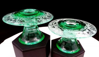 Paden City Regina Black Forest 2pc 3 " Green Vaseline Glass Mushroom Candlesticks