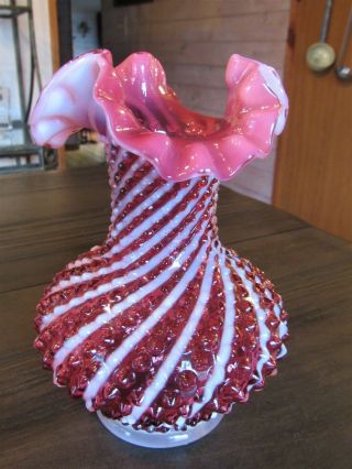 Fenton Cranberry Opalescent Hobnail Ruffled Vase Marked 7 1/2 " Tall Euc