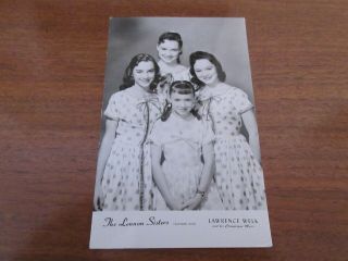 Lennon Sisters Autographed Glossy 3.  5 " X 5.  5 " Postcard
