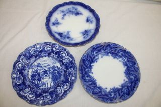3 Antique Staffordshire Flow Blue 10 " Dinner Plates: Pickwick,  Meakin,  Alcock