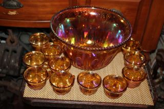 Large Antique Carnival Glass Punch Bowl With 12 Cups Grapes Leaves