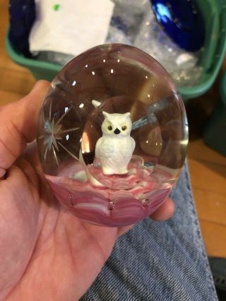 Vintage Hand Blown Glass Paperweight St Clair Owl Sulphide Windowed And Etched