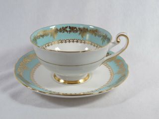 Shelley China - Turquiose & Gold Gilt Teacup & Saucer - Rare Pattern