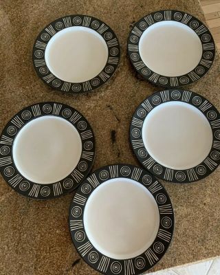 Set Of 5 Pottery Barn 11 " Dinner Plates Bongo Black Pattern Aztec