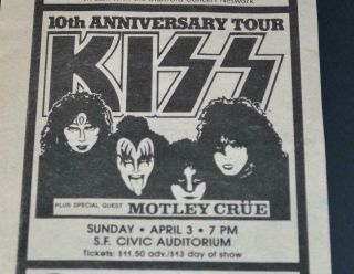 Kiss 1983 Rare 10th Anniversary Tour With Motley Crue Concert Promotional Ad
