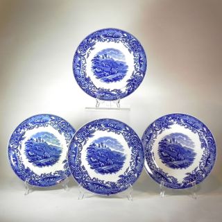 (4) Antique George Jones & Sons Staffordshire Flow Blue Pastoral Dinner Plates