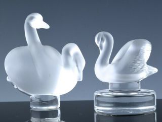 2 Fine Lalique France French Satin Art Glass Swan Figures Seal Paperweights