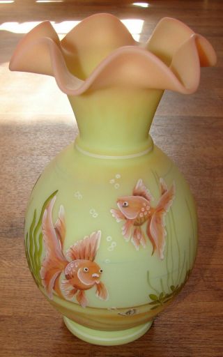 Fenton Burmese Art Glass Vase Hand Painted Fish Frog Signed Sharon Hart 9 "