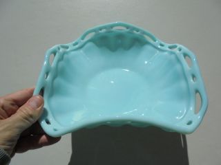 Vintage Fenton Turquoise Blue Milk Glass Lace Edge Square Bowl 9 1/4 "