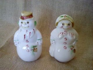Fenton Art Glass Snowman And Snowlady,  Hand Painted