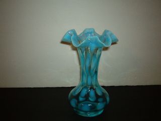 Vintage Fenton Blue Opalescent Coin Dot Ruffle Art Glass Vase