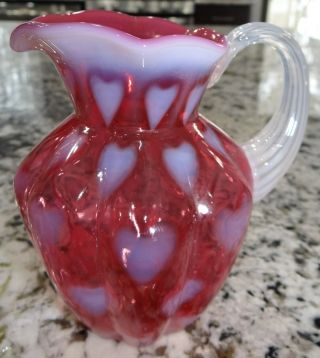 Fenton Cranberry Opalescent Heart Optic Melon Glass Pitcher Vtg 5 1/2 "