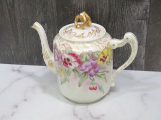 Antique A K Limoges Teapot Hand Painted Pansies Violas Signed Dated 1893