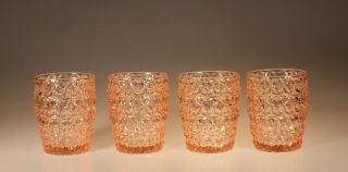 Set Of 4 Old Store Stock Jeannette Glass Pink Holiday Button Bows Flat Tumblers