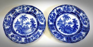 Antique Adams Co England Kyber Flow Blue 10 " Dinner Plate Set Of 2 Stunning