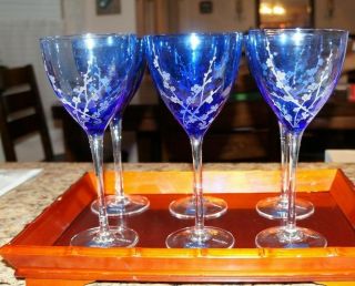 Mikasa Set Of 6 Cobalt Blue Cherry Blossom Water Goblets With Stickers