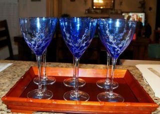 Mikasa Set Of 6 Cobalt Blue Cherry Blossom Water Goblets with stickers 2