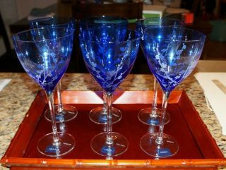 Mikasa Set Of 6 Cobalt Blue Cherry Blossom Water Goblets with stickers 3