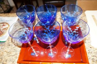 Mikasa Set Of 6 Cobalt Blue Cherry Blossom Water Goblets with stickers 4