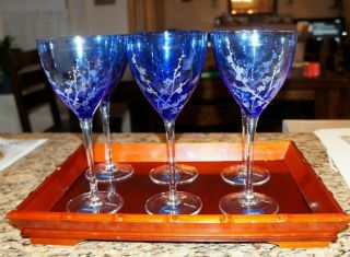 Mikasa Set Of 6 Cobalt Blue Cherry Blossom Water Goblets with stickers 5