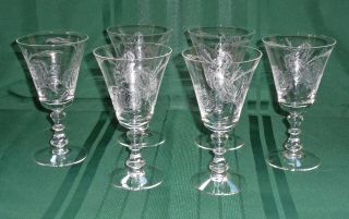 Set 6 Vintage Fostoria Wine Glasses Water Goblets Etched Camellia Rose Evc 1960s