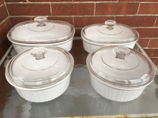 Vintage Pyrex/corning - Ware French White Set Of 4 Casserole With Lids