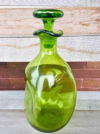 Vintage Blenko Mid Century Modern Glass Bottle With Stopper Green Pinched Sides