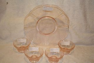 American Sweetheart Pink (4) 4 1/4 " Footed Sherbets And (1) 12 " Salver