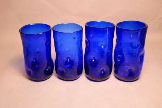 Vintage Blenko 418 - L Pinched Crackle Glass Tumblers Cobalt Blue 6 " Set Of Four