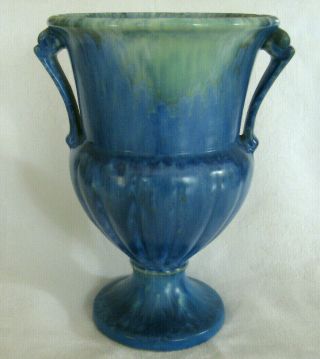 Roseville Pottery 1933 Blue Tourmaline Handled Vase,  105,  8 " High,  Paper Label