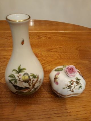 Herend Rothschild Bird Hand Painted Bud Vase And Trinket Box Made In Hungary