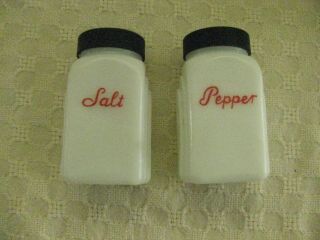 Vintage Mckee Roman Arch Salt & Pepper Shakers With Red Letters Black Lids