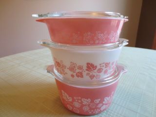 Set Of 3 Pyrex Pink Gooseberry Round Casserole Dishes 471 472 473 W/ Glass Lids