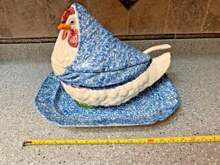 Vintage Rooster Chicken Soup Tureen Blue Spongeware N.  S.  Gustin Co.  Pottery Usa